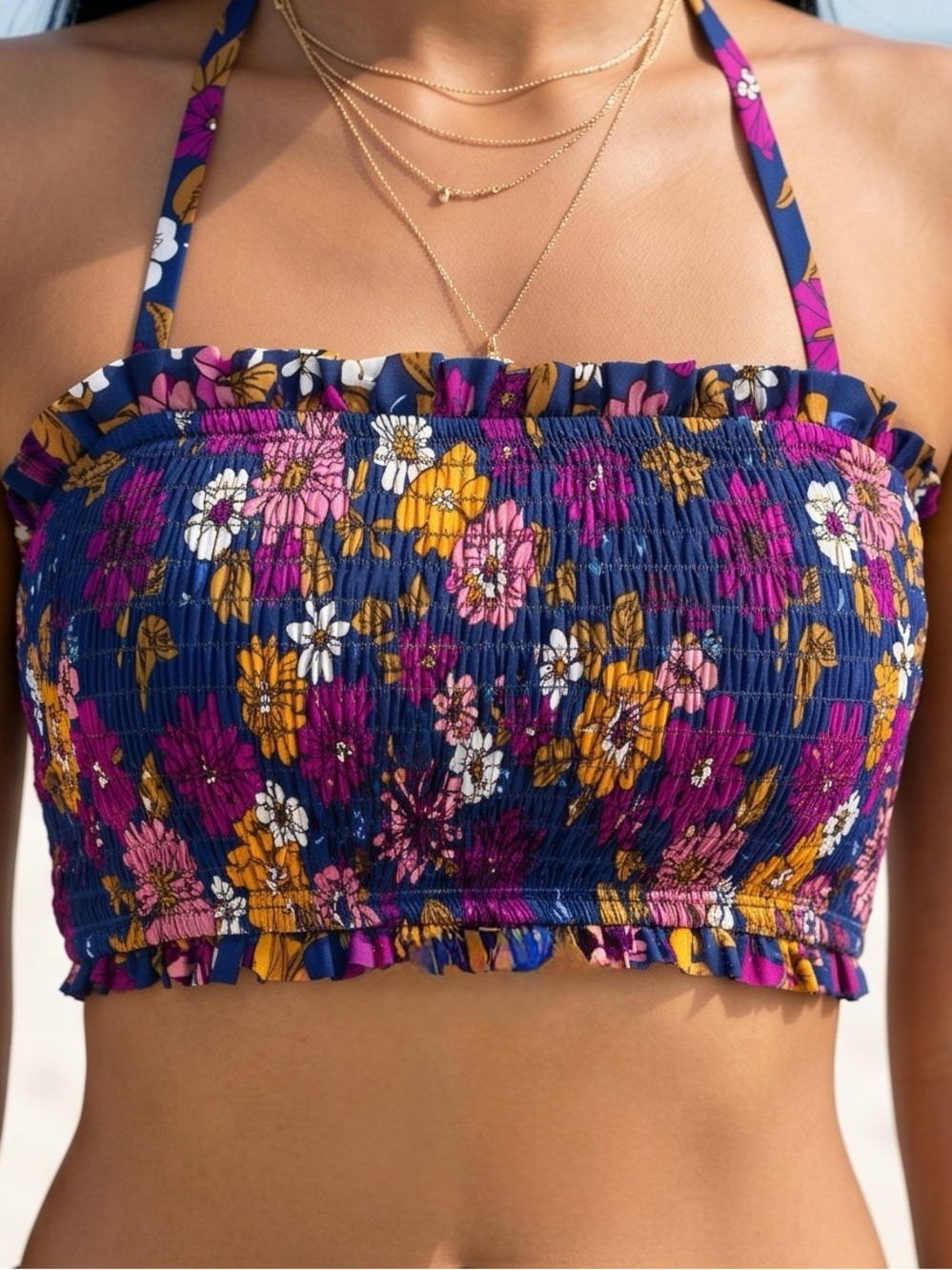 Cupshe Navy Floral Smocked Halter Crop Swim Top with Pink & Yellow Flowers - Picture 7 of 16